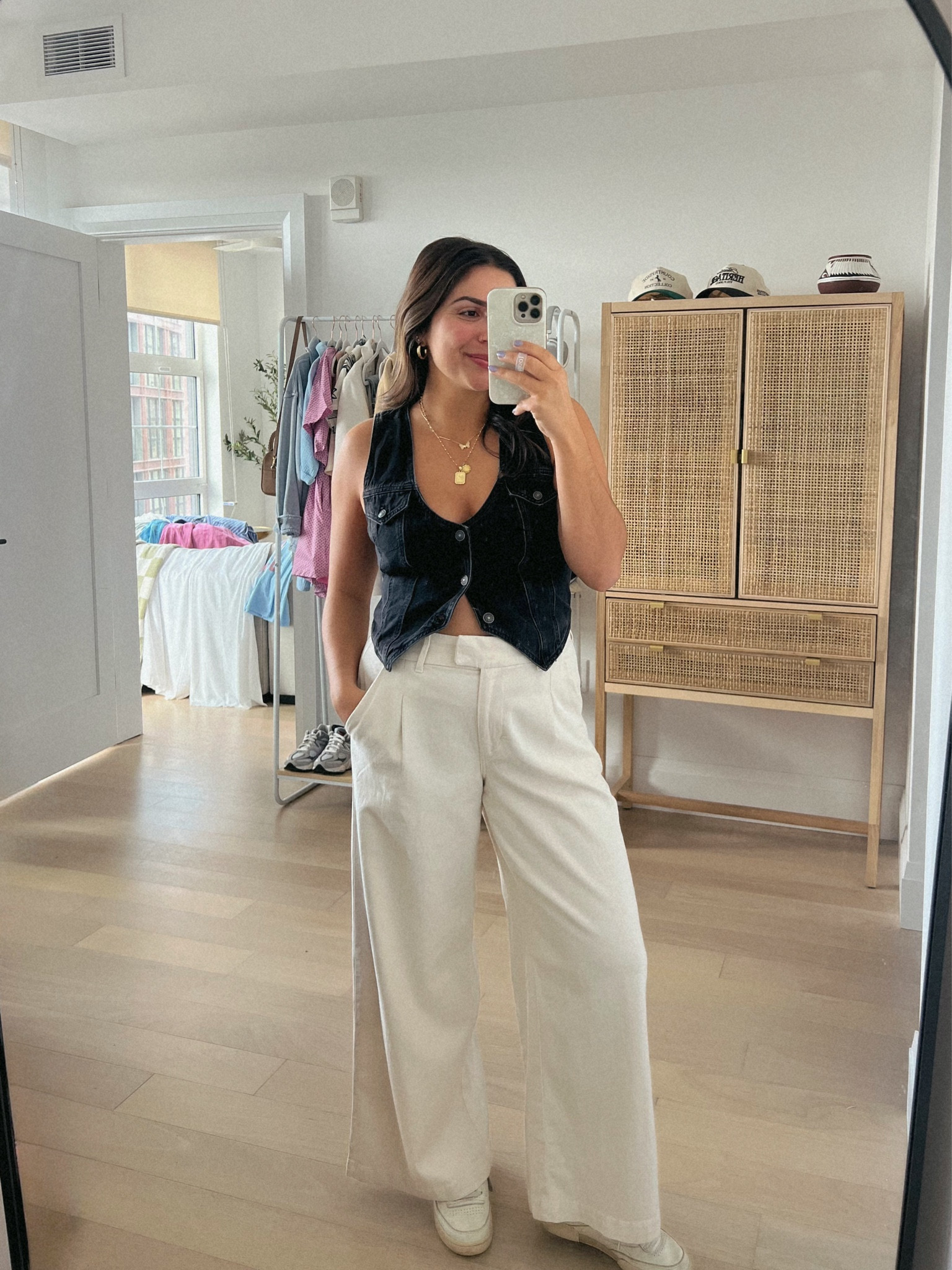 LOVE this outfit, feels so chic & pretty. Top + bottom from American eagle - loving these trousers. Similar to the Abercrombie tailored pants but a little more lightweight. Love them with this denim vest, a bit lower cut + sassy 💓

Size down in the pants (wearing an 8 but could have gotten a 6), top is an M!

#LTKSeasonal #LTKFindsUnder50 #LTKSaleAlert