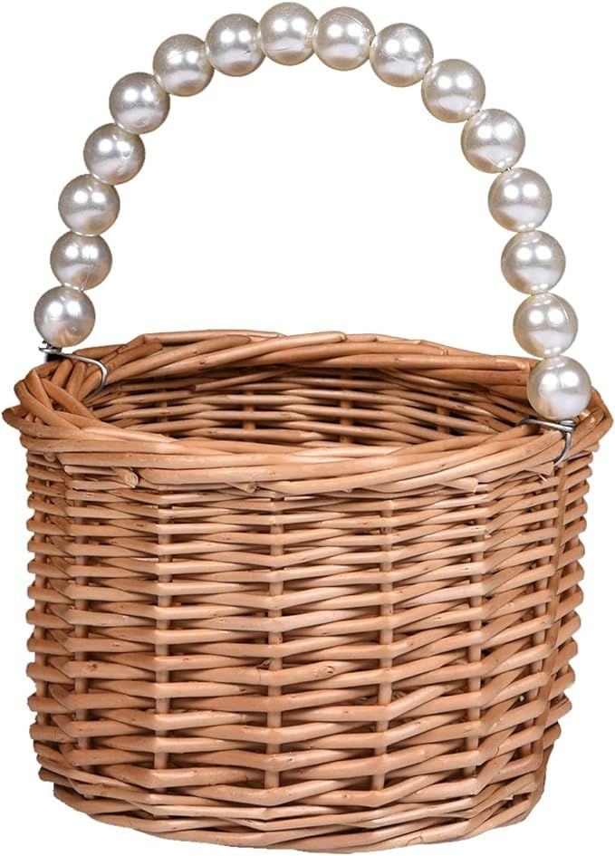 BETAULIFE Wicker Rattan Flower Girl Basket,Pearl Handle Flower Girl Basket,Wedding Flower Girl Ba... | Amazon (US)