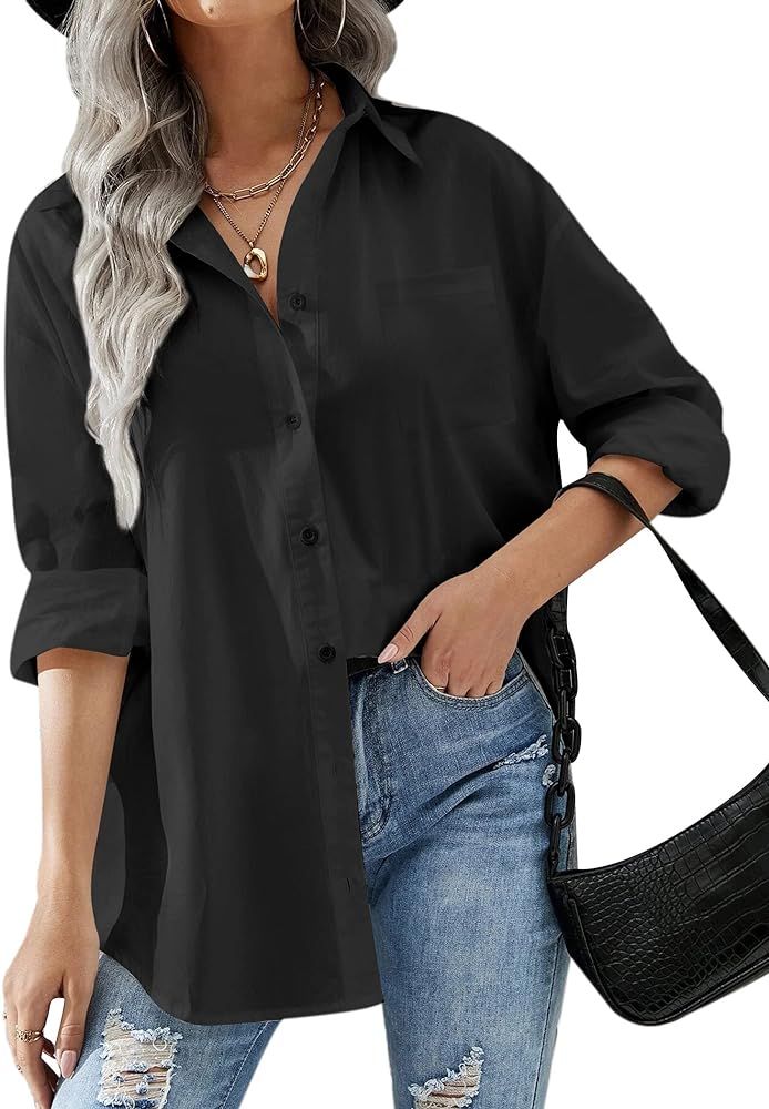 Hotouch Women Button Down Shirts Office Drop Shoulder Oversized Blouse Long Sleeve Boyfriend Shirt w | Amazon (US)