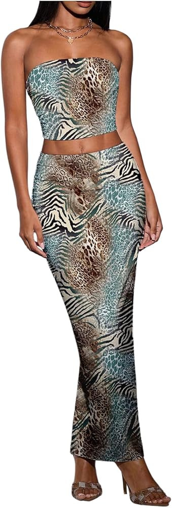 WDIRARA Women's 2 Piece Set Zebra Leopard Print Bandeau Top Bodycon Long Skirt Outfits | Amazon (US)