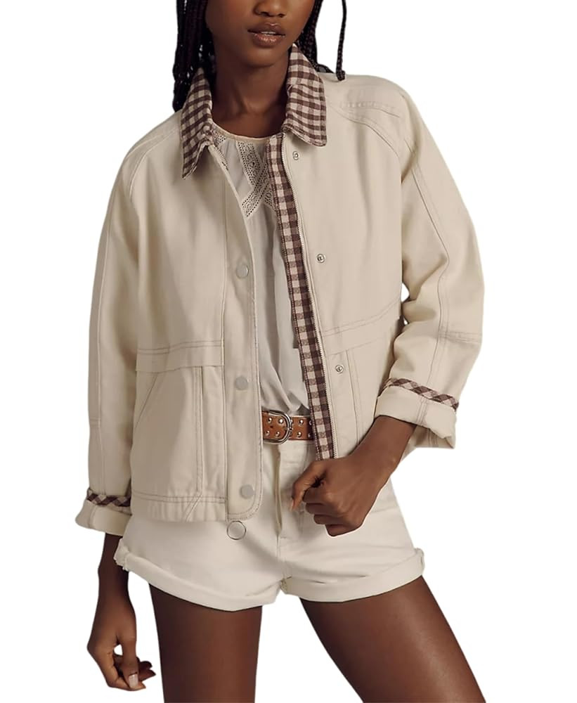 Aimiray Women's Oversized Plaid Jacket Lapel Button Down Casual Shacket Coats with Side Pockets | Amazon (US)