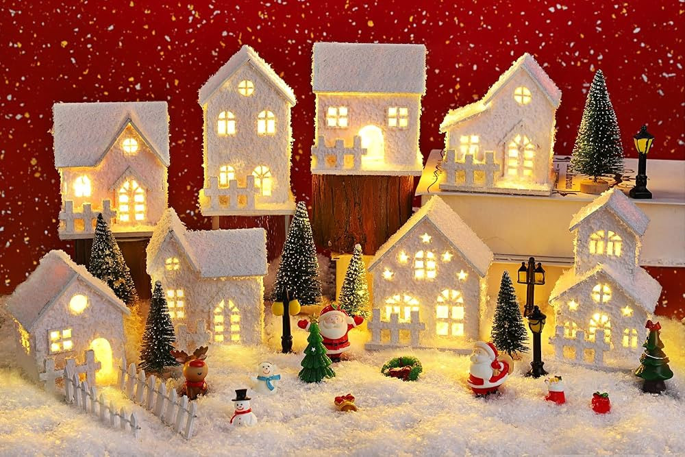Fovths 35 Pieces Christmas Village Sets Lighted LED Village Houses Accessories with Artificial Fa... | Amazon (US)