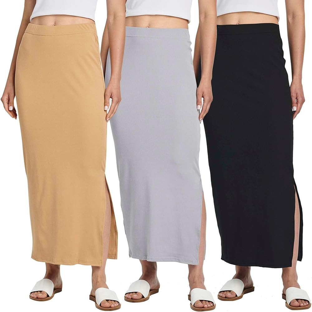 Real Essentials 3 Pack: Women's Ribbed High Waisted Maxi Skirt with Side Slit - Casual Long Penci... | Amazon (US)