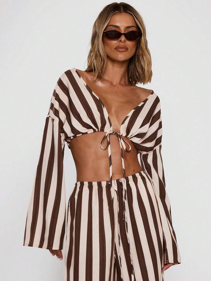 MUSERA Blusa De Manga Larga A Rayas Con Cuello En V Profundo, Cintura Anudada, Top Recortado, Camisa De Botones A Rayas De Manga Larga, Casual De Primavera Y Verano, Linda | SHEIN