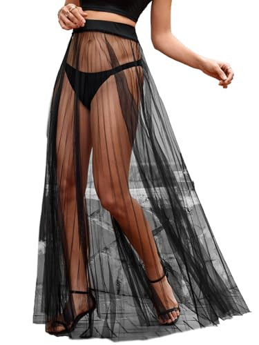OYOANGLE Women's Sheer Mesh Flowy High Waist A Line Long Maxi Skirts Black | Amazon (US)