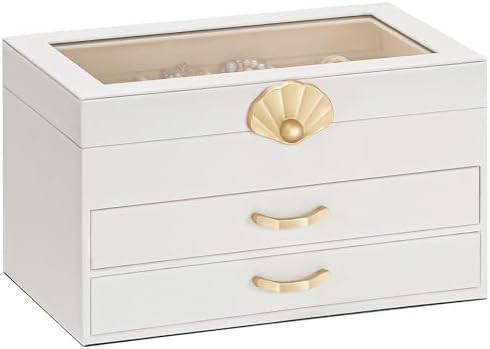 Jewelry Box with 2 Drawers: Display Organizer for Earrings Necklaces - Gift for Girls Women (Whit... | Amazon (US)