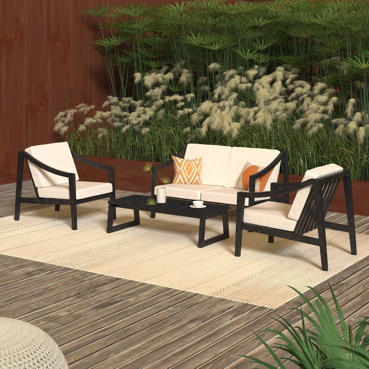 Saracina Home 4pc Mid-Century Modern Slatted Acacia Outdoor Conversation Set Black Wash | Target