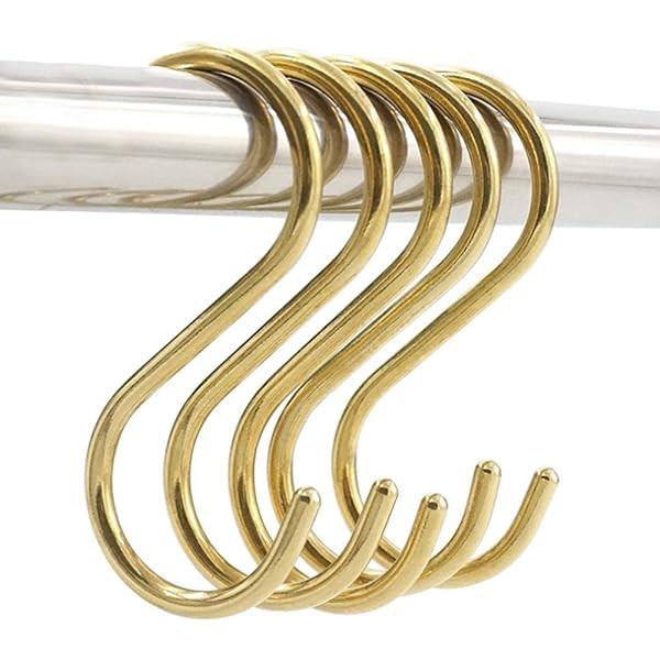 Hanging Hooks 5 Pieces,Brass S Shaped Hook Hangers for Kitchen Bathroom,Brushed Gold | Amazon (US)