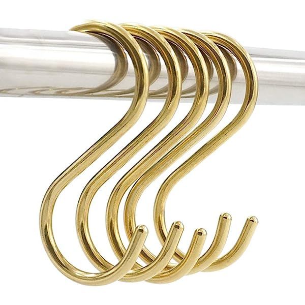 Hanging Hooks 5 Pieces,Brass S Shaped Hook Hangers for Kitchen Bathroom,Brushed Gold | Amazon (US)