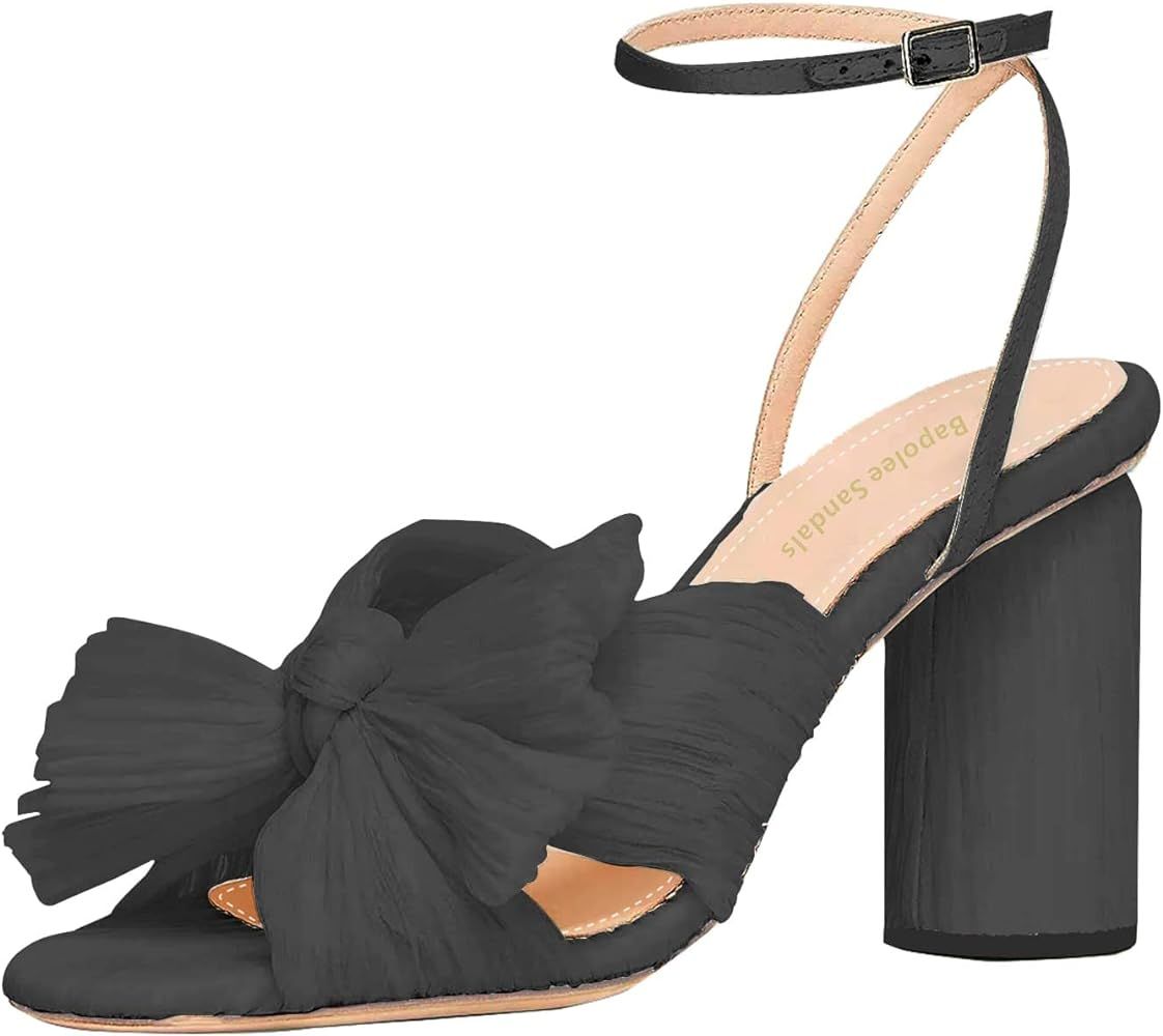 Women's Bow Heels Wedding Sandals Shoes Chunky Heel Cute Pleated Open Toe Ankle Strap Block Heel Sum | Amazon (US)