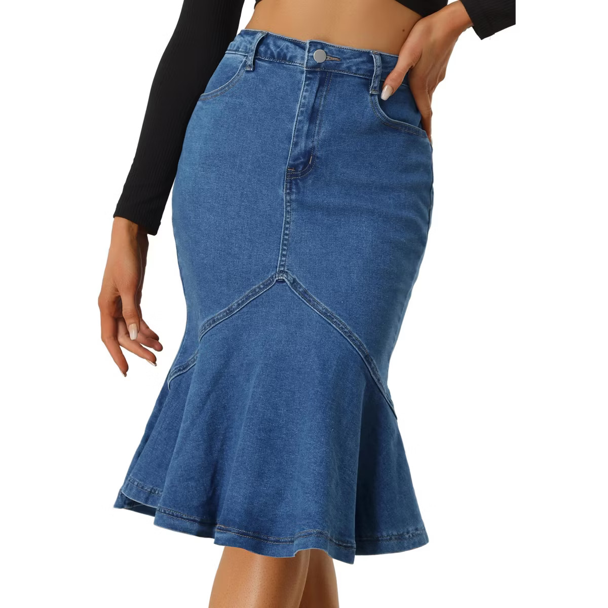 Allegra K Women's High Waist Bodycon Ruffles Side Pockets Fishtail Midi Jean Skirt | Target