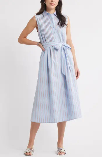 Caslon® Pintuck Tie Waist Cotton Shirtdress in Blue Windsurfer Jen Stripe at Nordstrom Rack, Size Xx-Large | Nordstrom Rack