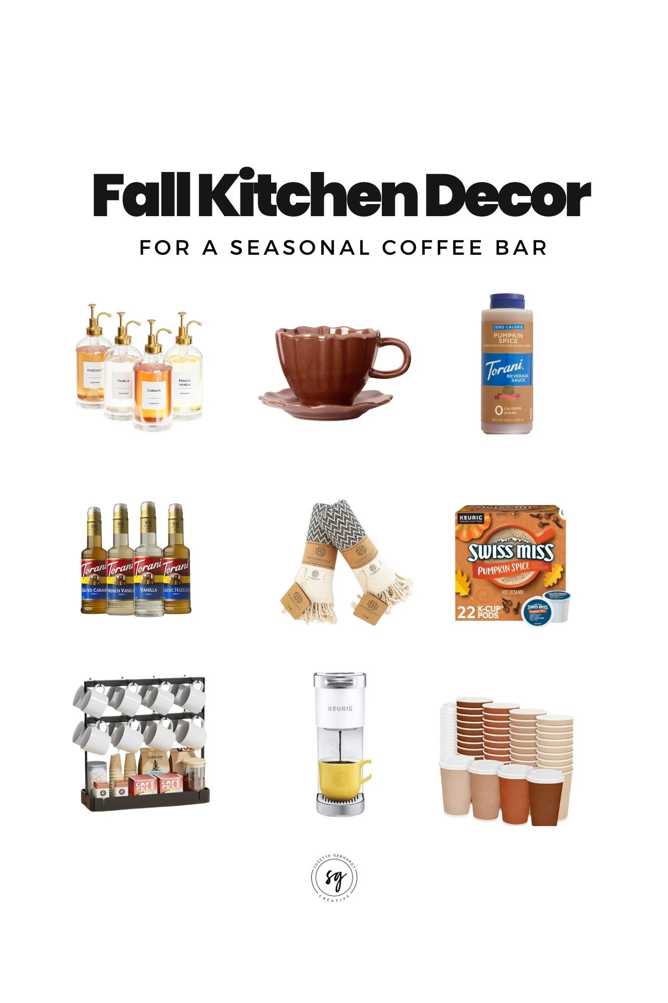 In a few weeks I'll be adding a hot cocoa and coffee bar to my Fall kitchen decor, so right now I'm in the process of getting the supplies I need.  

I do a mix of hot cocoa pods (for the kids) and syrups for myself.  

Other must haves include:

- pretty mugs and to-go cups
- a mug rack/organizer
- glass bottle set with gold pumps (these come with a ton of labels and look so pretty)
- a pretty dishtowel to wipe up the inevitable spills!

Want to make a coffee bar for your family this Fall?  Grab the supplies now. 

 And check out my blog at www.suzettegebhardt.com if you want all the details on how to style your coffee station! 

 #LTKSeasonal #LTKHome #LTKautumn