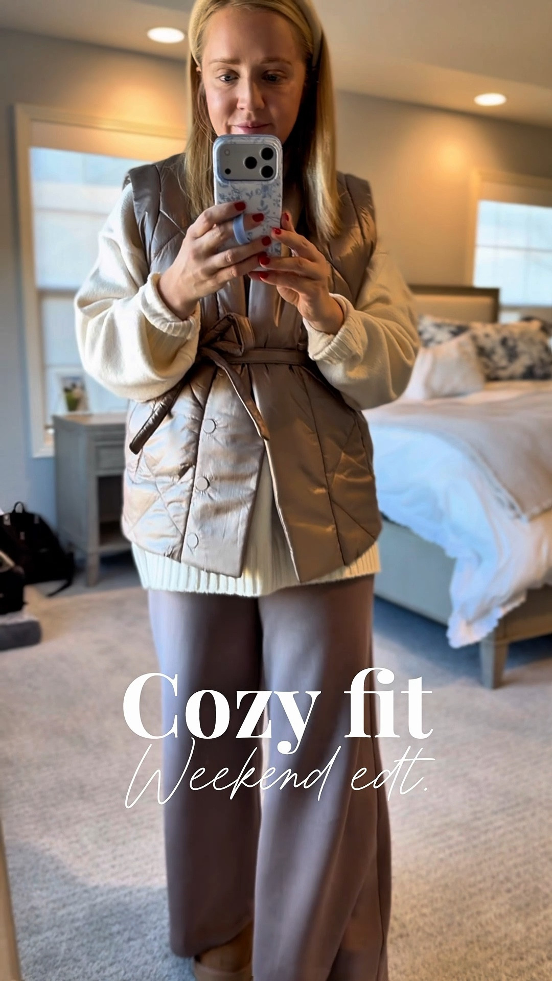 Cozy outfit of the day! I sized down to xs small in both this tunic sweater and this quilted vest. I wear my true size small petite in Spanx wide leg pants. 

Weekend outfit, petite, cozy outfit, quilted vest 

#LTKootd #LTKPetite #LTKSaleAlert