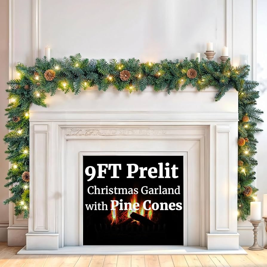 9FT Prelit Christmas Garland - with Pine Cone, Battery Operated Garland with Timer, Artificial Ho... | Amazon (US)