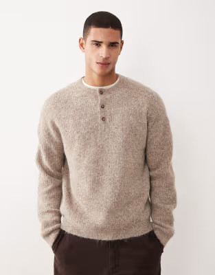 ASOS DESIGN relaxed knit wool mix henley sweater in beige | ASOS | ASOS (Global)
