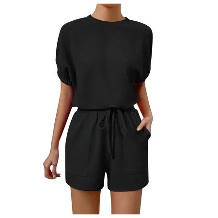 XIFHUI Women S Plus Size Shorts Womens Short Sleeved Home Wear Solid Color Casual Knit Two Piece Set Black XL | Walmart (US)