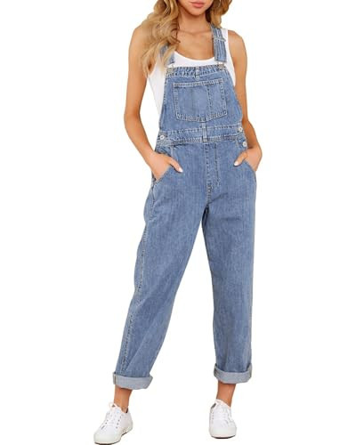 Vetinee Women's Adjustable Straps Pockets Boyfriend Denim Bib Overalls Jeans Pants Blue Mist X-Large Fits Size 16 Size 18 | Amazon (US)