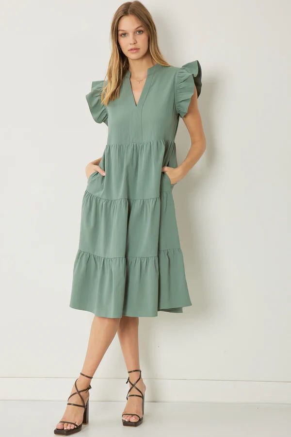 DANI TIERED MIDI DRESS IN ARTICHOKE | Indigeaux Denim Bar & Boutique