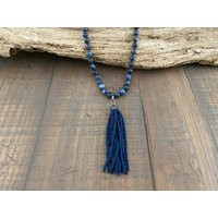 Blue Gemstone Necklace/Beaded Blue Tassel + Knotted Lapis Lazuli Necklace Coastal Vibes Interchangeable Gemstone | Etsy (US)