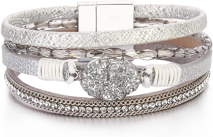 FANCY SHINY Leather Wrap Bracelet Boho Cuff Bracelets Crystal Bead Bracelet with Magnetic Clasp J... | Amazon (US)