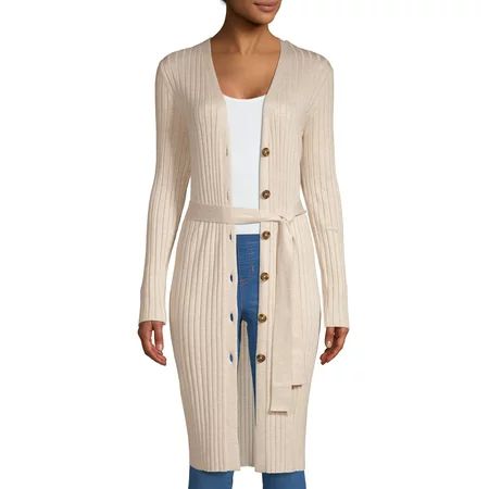 Women's Long Sleeve Button Front Rib Cardigan with Belt | Walmart (US)