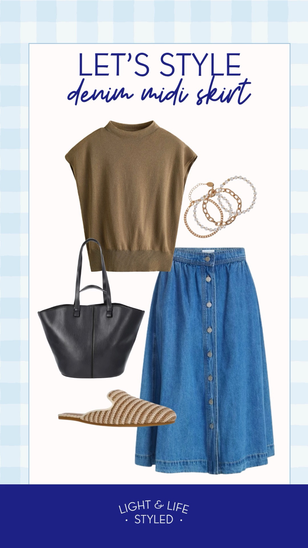 Style a denim midi skirt with a sleeveless top, raffia mule sandals, black tote purse and the cutest bracelet stack!

#LTKSaleAlert #LTKOver40 #LTKootd