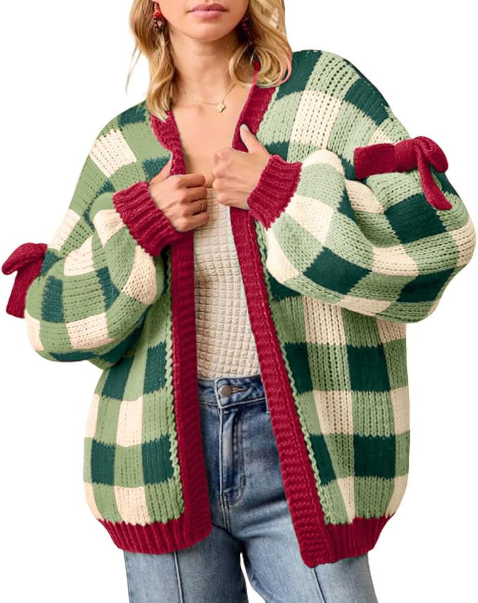 CHARTOU Women Checkered Chunky Knit Cardigan Sweater Oversized Balloon Long Sleeve Open Front Out... | Amazon (US)
