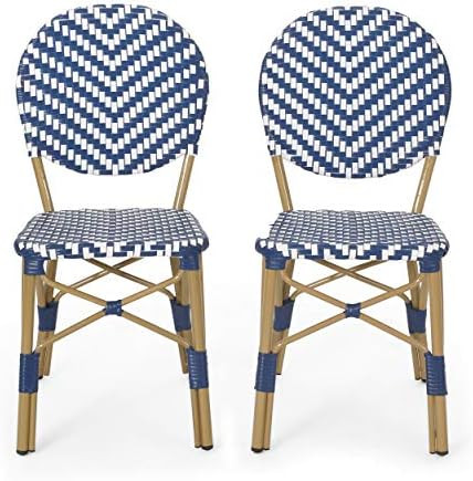 Christopher Knight Home Picardy Outdoor Bistro Chair, Navy Blue + White + Bamboo Finish | Amazon (US)