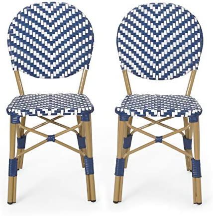 Christopher Knight Home Picardy Outdoor Bistro Chair, Navy Blue + White + Bamboo Finish | Amazon (US)