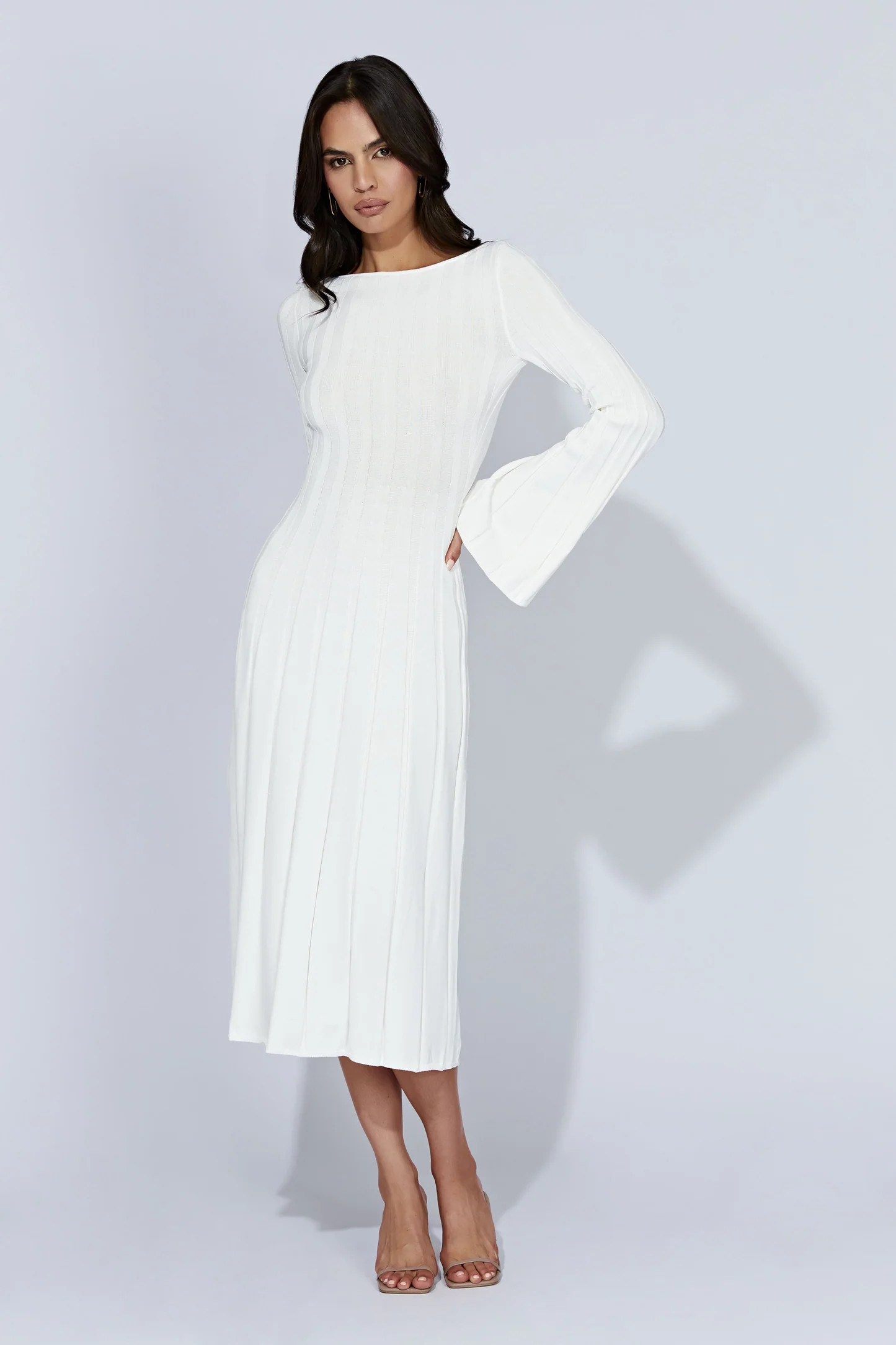 Flare Sleeve Knit Midi Dress - White | MESHKI US