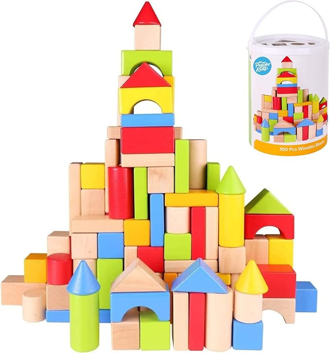 Pidoko Kids Wooden Blocks - 100 Pcs - Building Blocks for Toddlers - Includes Storage Container w... | Amazon (US)