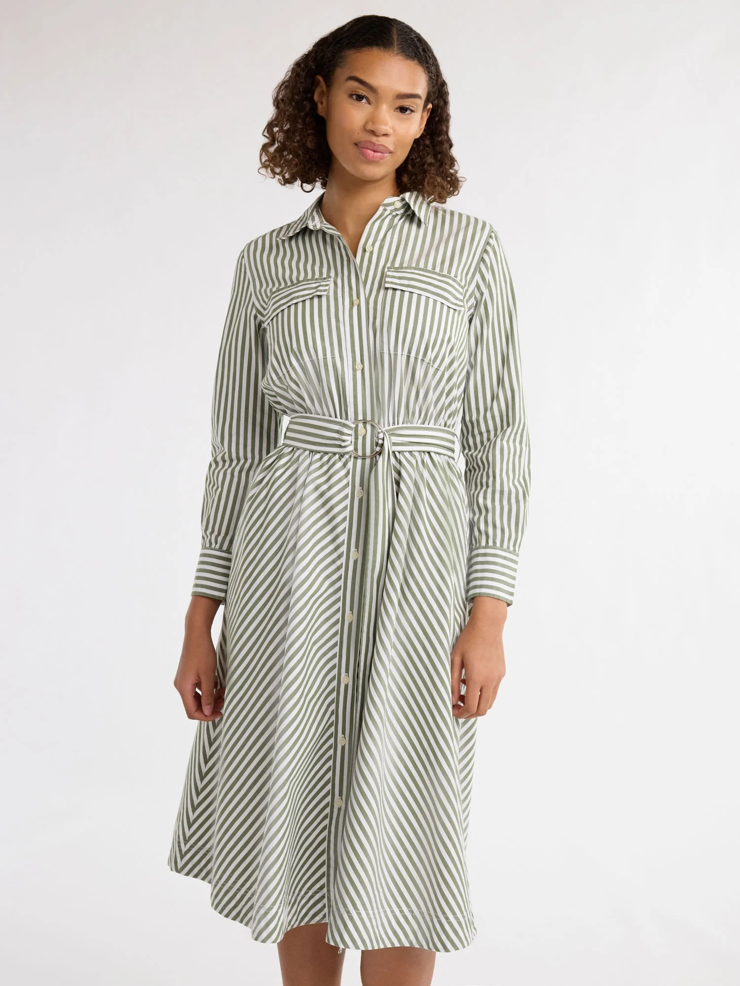 Free Assembly Women's and Women's Plus Belted Cotton Midi Shirtdress with Long Sleeves, Sizes XS-... | Walmart (US)