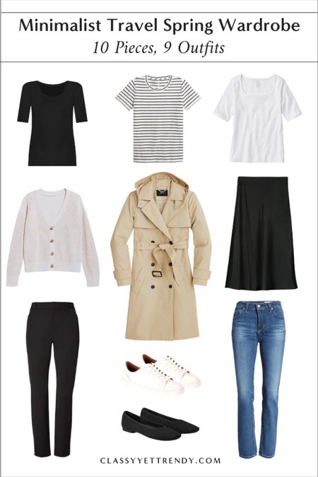 Minimalist Travel Spring Capsule Wardrobe: 10 Pieces, 9 Outfits ✈️ Use this wardrobe for your next vacation to pack light and have several outfits to wear.  You can expand this capsule by adding more pieces for a longer vacation.