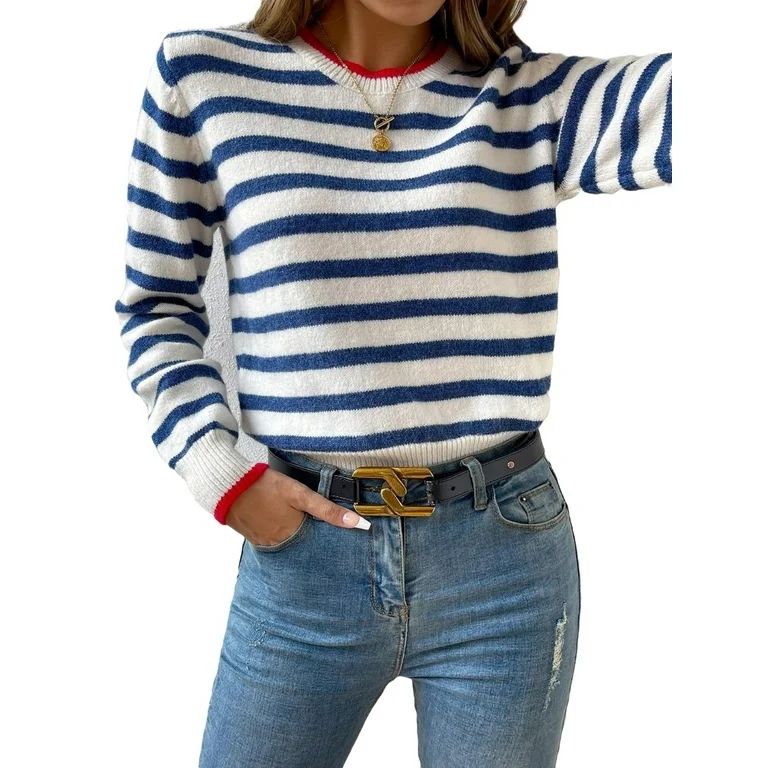Casual Striped Pattern Round Neck Pullovers Long Sleeve Blue and White Women Sweaters (Women's) | Walmart (US)