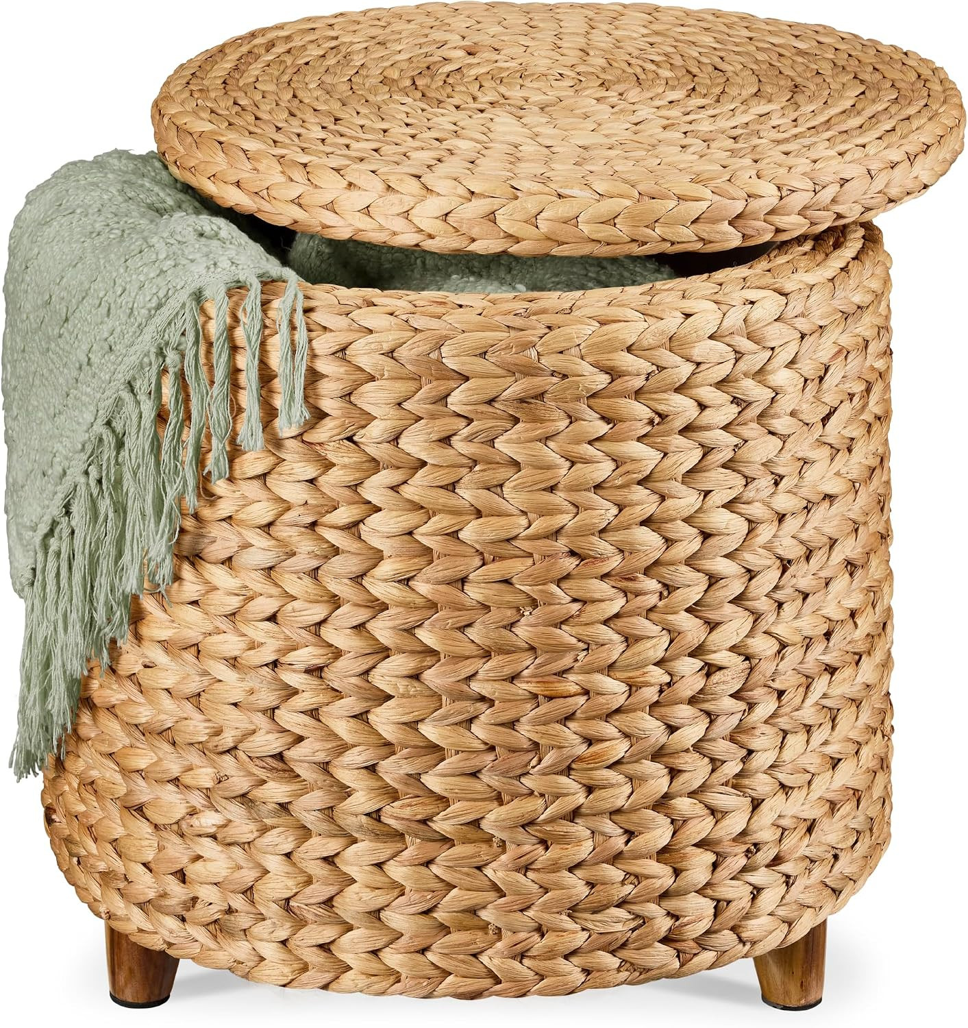 Best Choice Products 17" Round Storage Ottoman W/Lid, Handwoven Water Hyacinth Footstool, Footrest w/Wooden Legs, Accent Side Table, Storage Container, Plant Stand - Natural | Amazon (US)