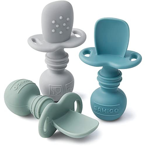 SAMiGO Silicone Baby Spoons Self Feeding 6+ Months - Infant Toddler Utensils - First Stage Baby Led Weaning Feeding Supplies - Set of 3 Pack | Amazon (US)