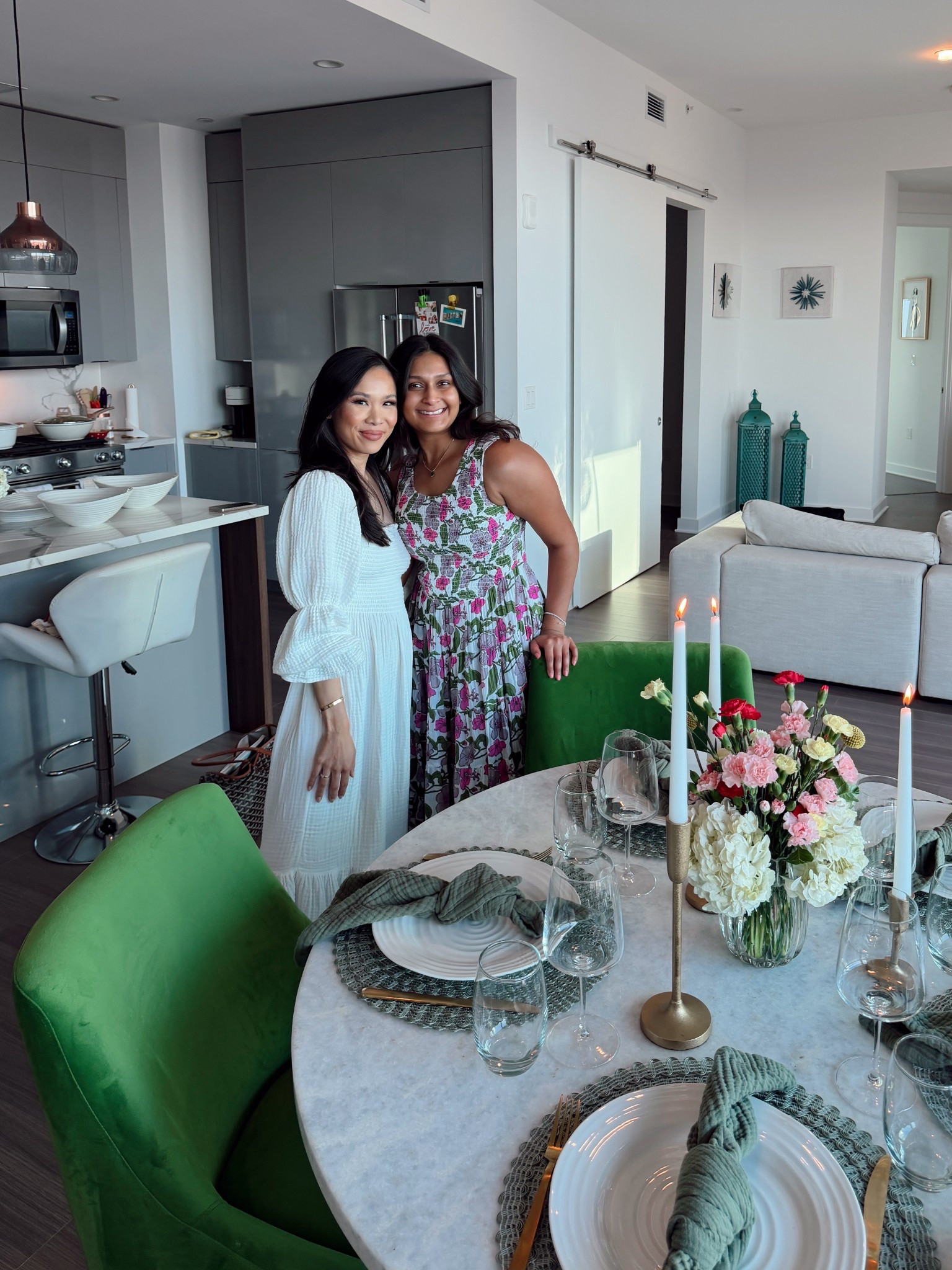 Small dinner party at my friend’s apartment! Picked out this marble round dining table for her with green velvet dining chairs. Brought in our gauze green napkins and made her a floral arrangement while helping her cook  

#LTKHome #LTKdayinmylife