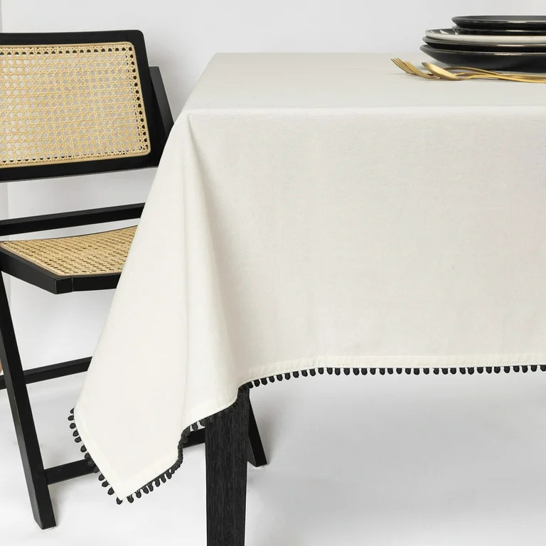 Thyme & Table 84" Rectangle Tablecloth, Ivory with Black Pom Pom Trim | Walmart (US)
