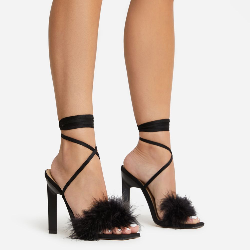 Aubrie Fluffy Faux Feather Lace Up Square Toe Sculptured Heel In Black Faux Suede | Ego Shoes (UK)