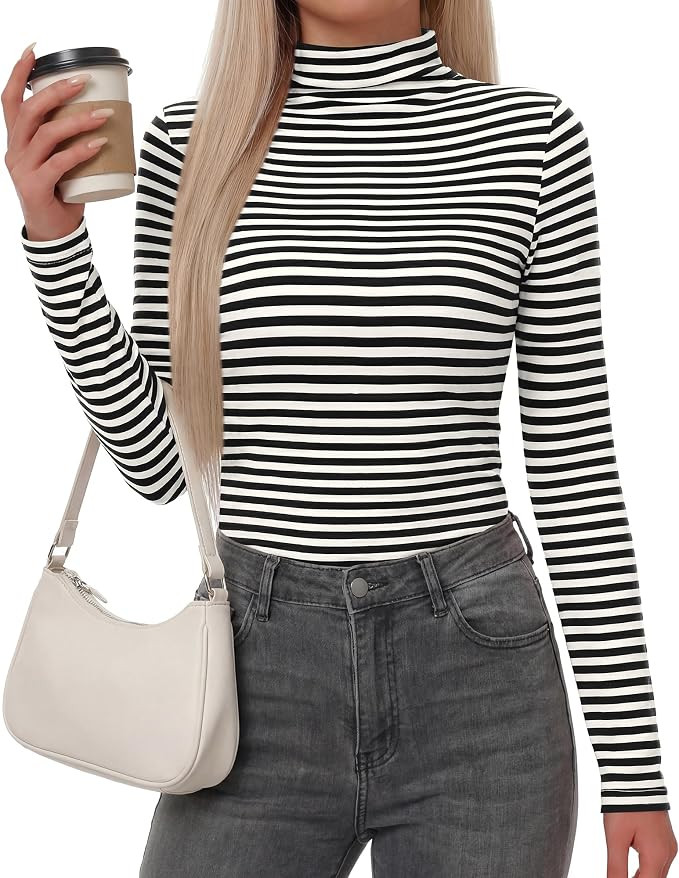BTFBM Long Sleeve Shirts for Women Turtleneck Striped Shirt Lightweight Basic Thermal Underwear T... | Amazon (US)