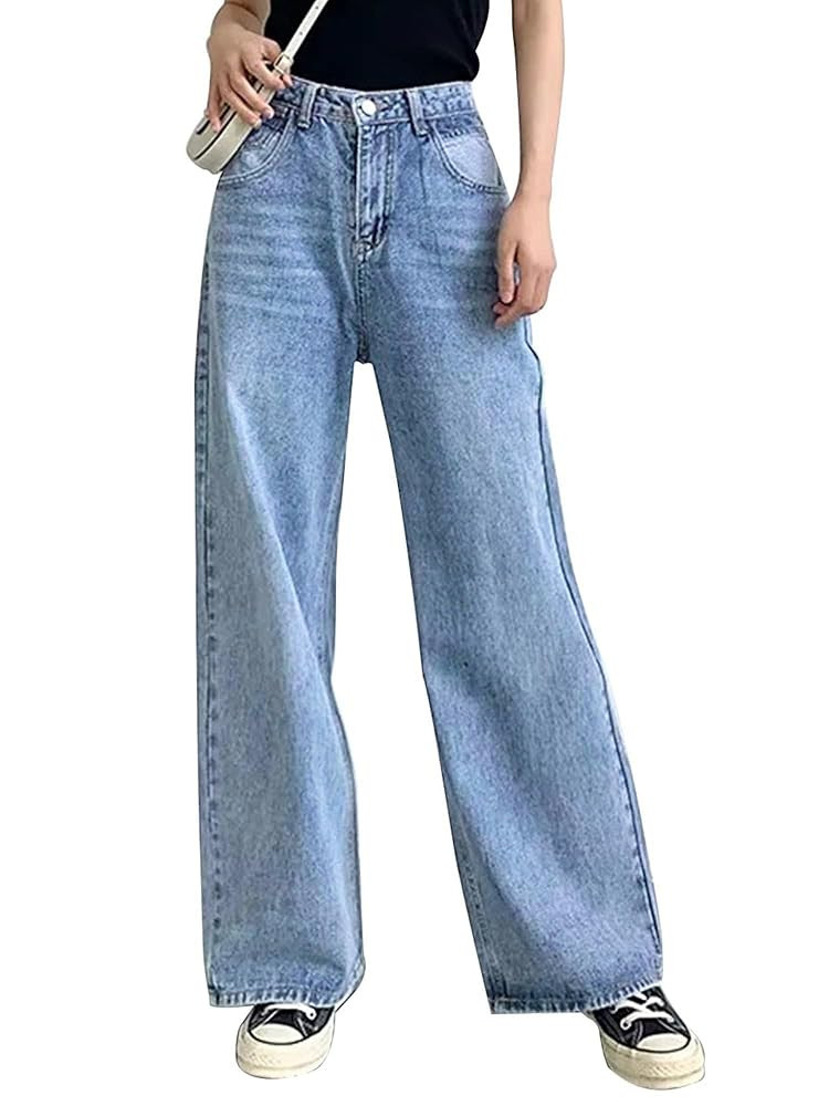 HDLTE Women's Wide Leg High Waist Baggy Boyfriend Jean - Loose Fit Denim Pants - Y2K 90s Deep Was... | Amazon (US)
