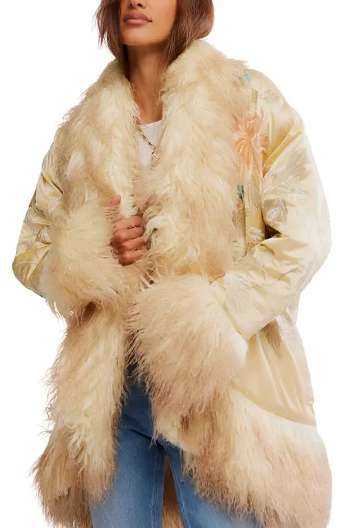 Free People Moon Petals Floral Detail Jacket with Faux Fur Trim in Cream Combo at Nordstrom, Size Large | Nordstrom