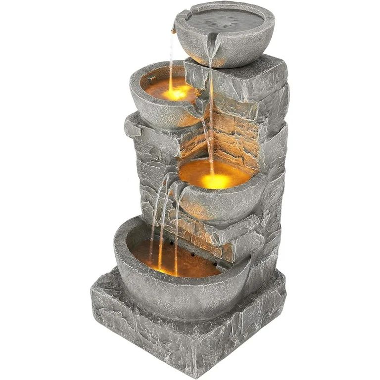 Teamson Home Garden Cascading Bowls and Stacked Stone Waterfall Fountain with LED Lights, Gray | Walmart (US)