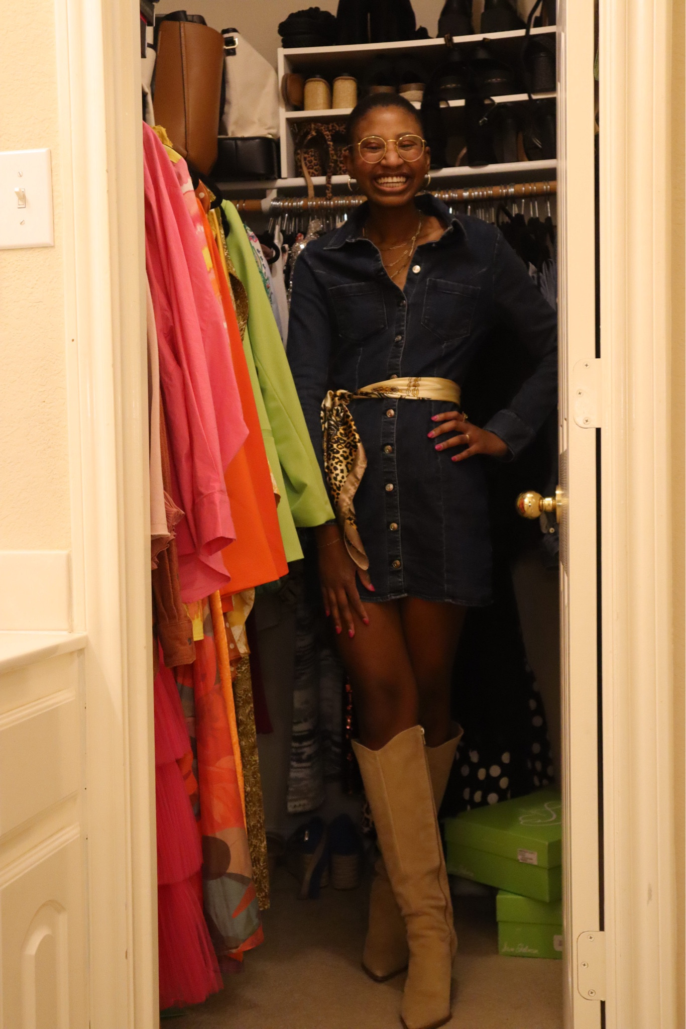 My go-to denim dress styled with a satin scarf and my favorite Vince Camuto boots 

#LTKstyletip #LTKshoecrush