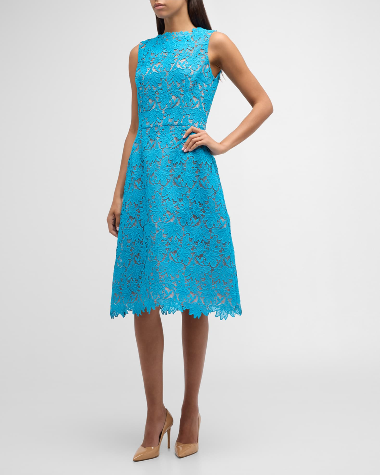 Sleeveless Floral Lace Fit-&-Flare Midi Dress | Neiman Marcus