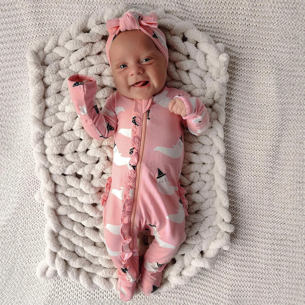 2-Way Ruffle Zip Footie, Pink Ghost | SpearmintLOVE