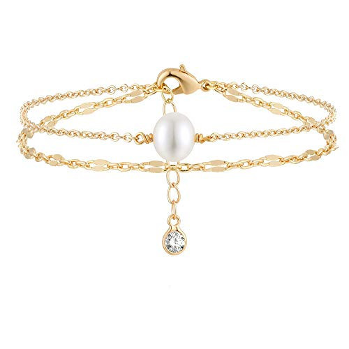 MEVECCO Bracelet for Women Gold Layered Bar Sequin Lace Lip Chain Single Pearl Bead Wire Wrapped 14K Gold Plated Dainty 2 Layer Handmade Simple Jewelry | Amazon (US)