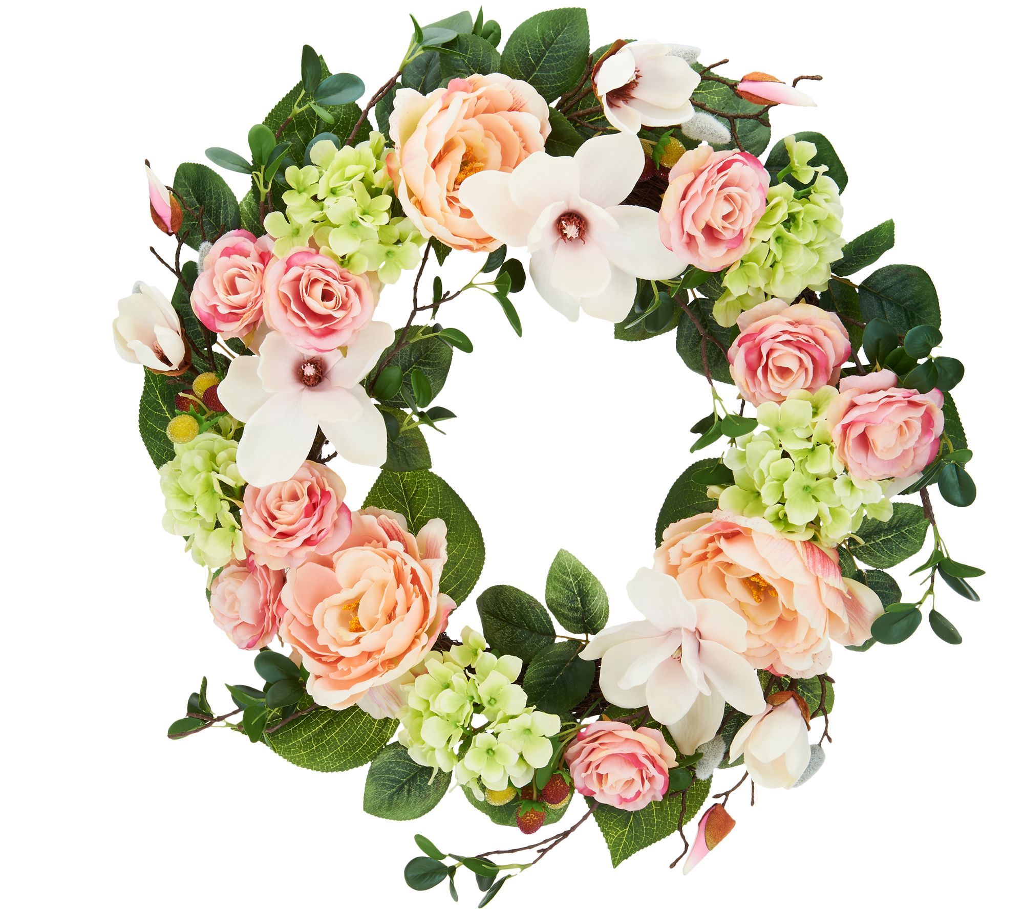 24" Spring Raspberry Rose and Magnolia Wreath by Valerie — QVC.com | QVC