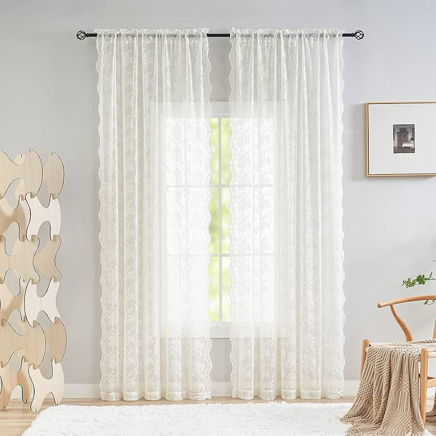 YJ YANJUN Floral Lace Curtains 96 inches Long 2 Panels Set French Country Shabby Chic Sheer Curta... | Amazon (US)